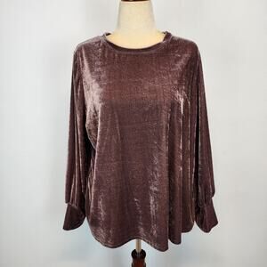 Ava & Viv Velvet Top Blouse Size 1X Cocoa Long Balloon Sleeve Round Neck Goth